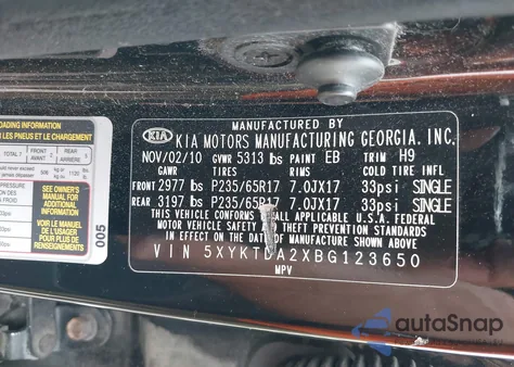 2011 Kia Sorento Lx V6 from USA, damaged, VIN 5XYKTDA2XBG123650